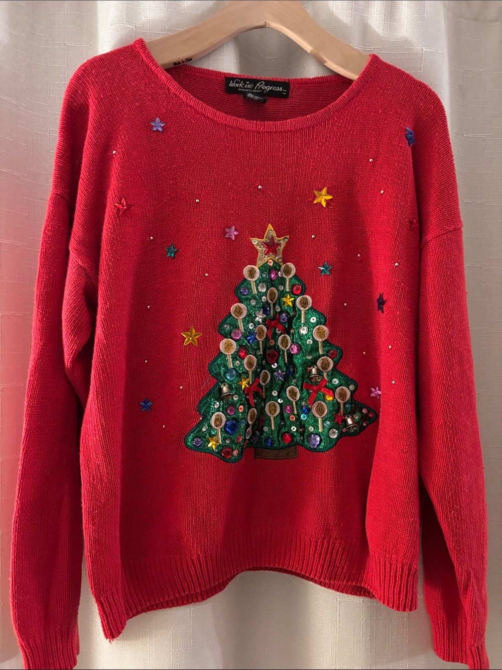 Vintage Bedazzled Red Sequin Christmas Tree Crewneck by Gladys Bagley Sweater L